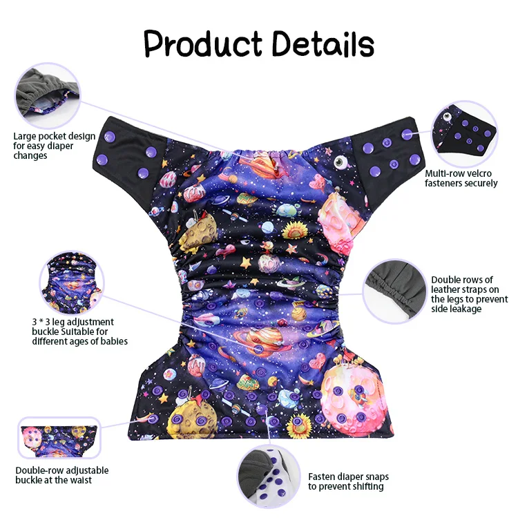 New Customized Reusable Leak Proof Washable Double Rows Snap Square Tab AI2 Cloth Diaper With Bamboo Charcoal