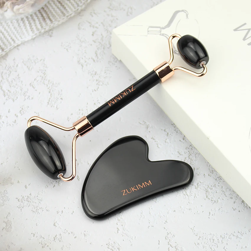 High Quality Anti Aging Facial Massage Tools Face  Jade Roller Gua Sha Set  Gift Gold Stone Body Dark Metal Head