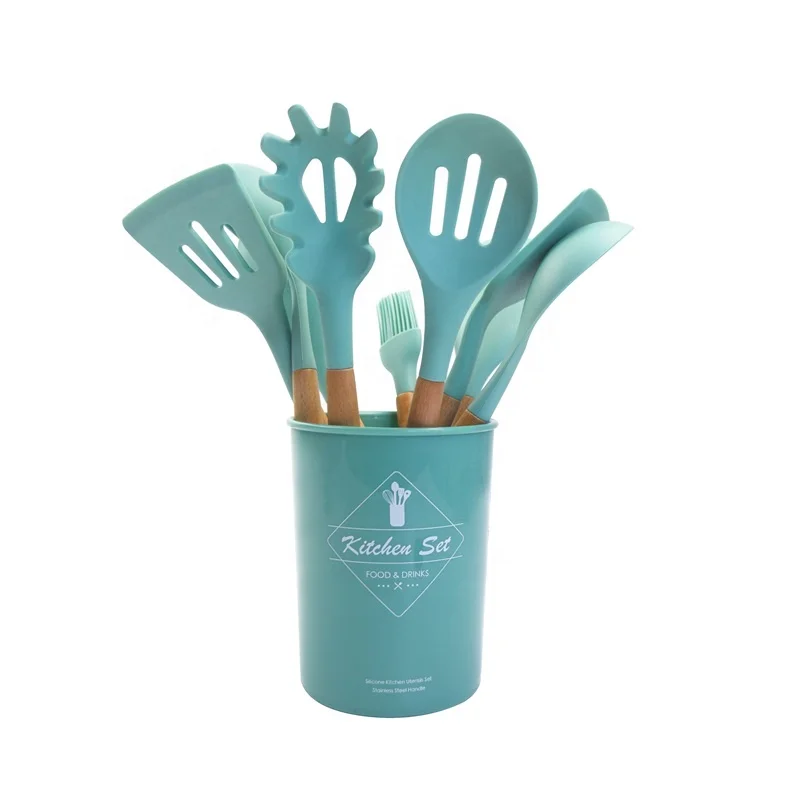 Wholesale 12 Pieces In 1 Set Kitchen Accessories Cooking Tools Kitchenware Silicone Kitchen Utensils With Wooden Handles