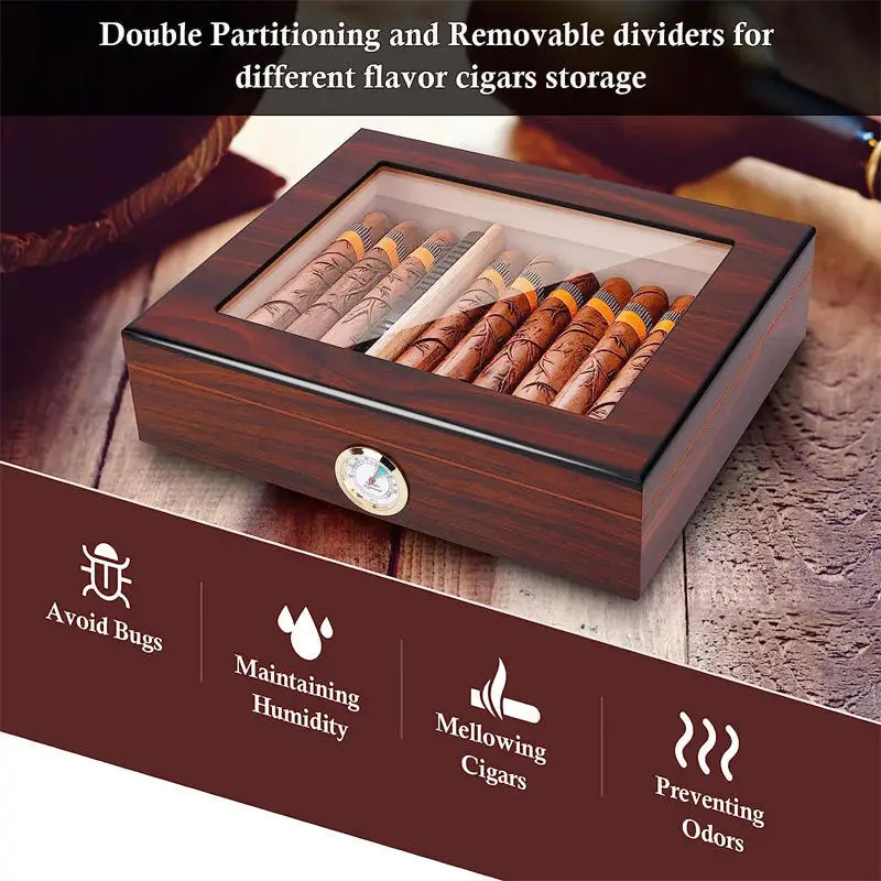 Wooden Cigar Storage Box with Humidifier Hygrometer Removable Divider Wooden Desktop Cigar Humidor