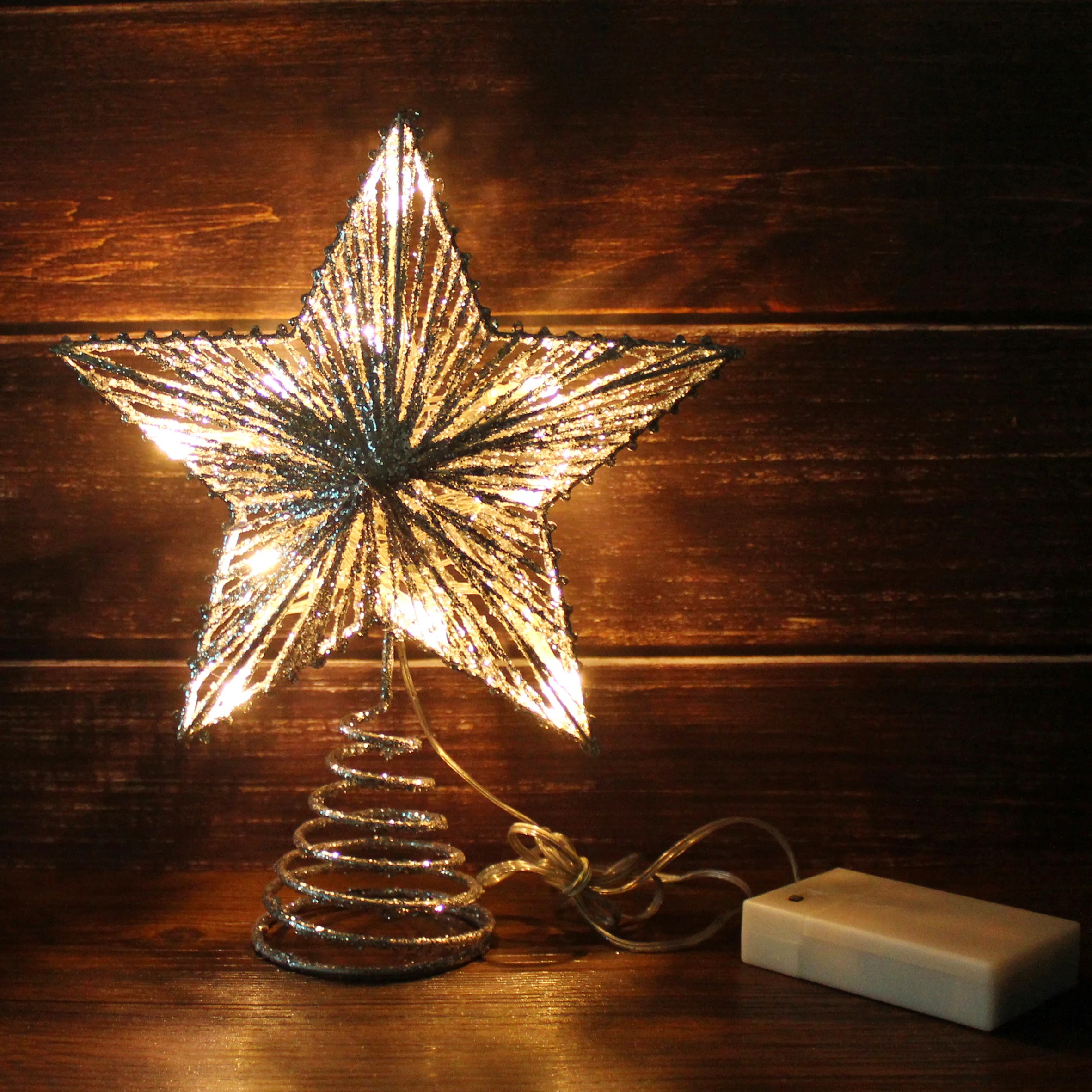 Silver Glittered 3D Tree Top Star with Warm White LED Lights and timer for Christmas Ornaments Decor