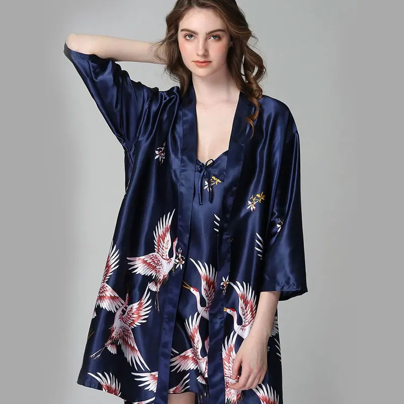 Белая женская ночная рубашка, атласная шелковая одежда для сна, женская пижама, банный халат с принтом долларов, шелковый халат с вышивкой, Шелковый пижамный комплект для женщин