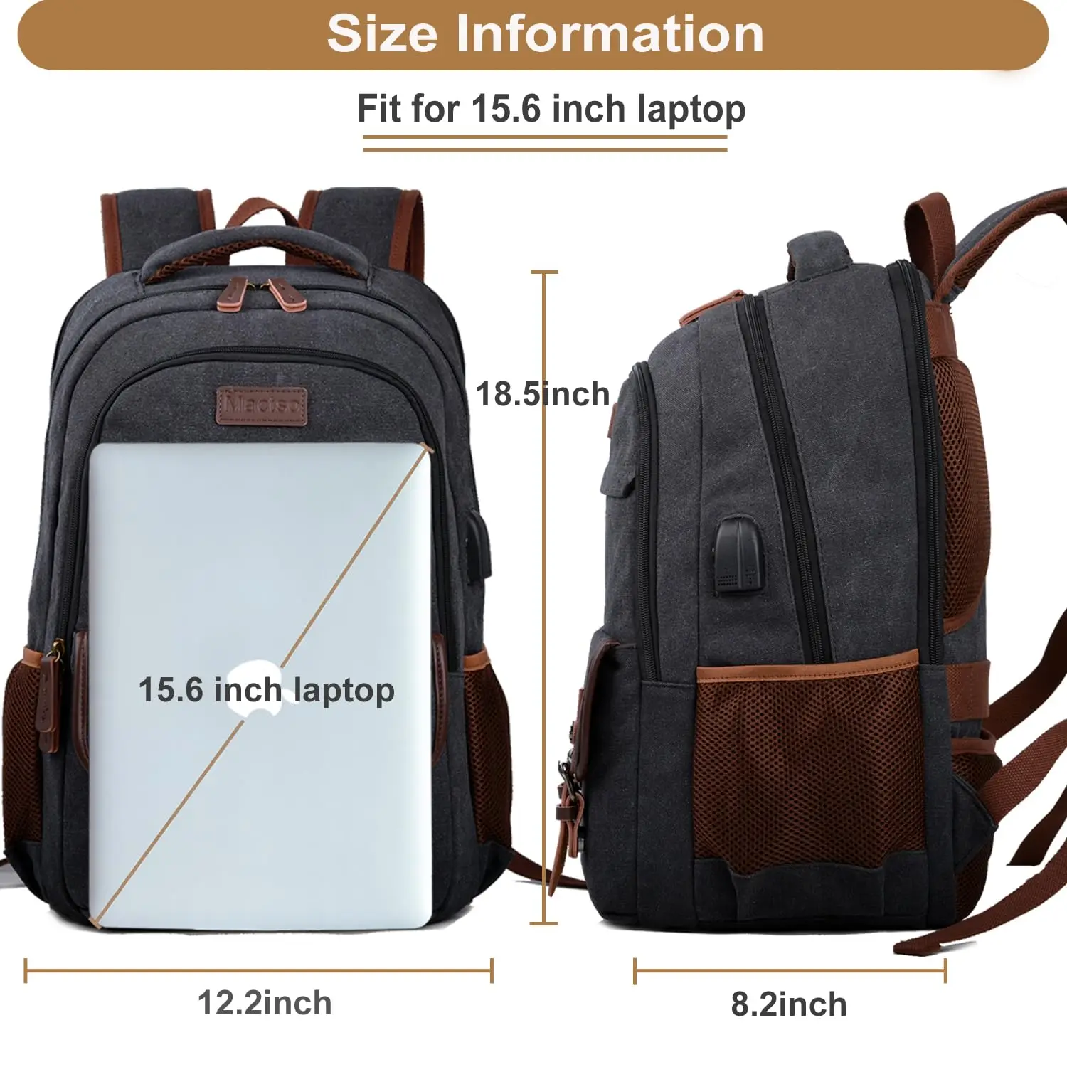 Canvas Travel Laptop Backpack Business Rucksack College Computer Bag Fits 15.6 Inch Notebook,Bookbag with USB Charging Port