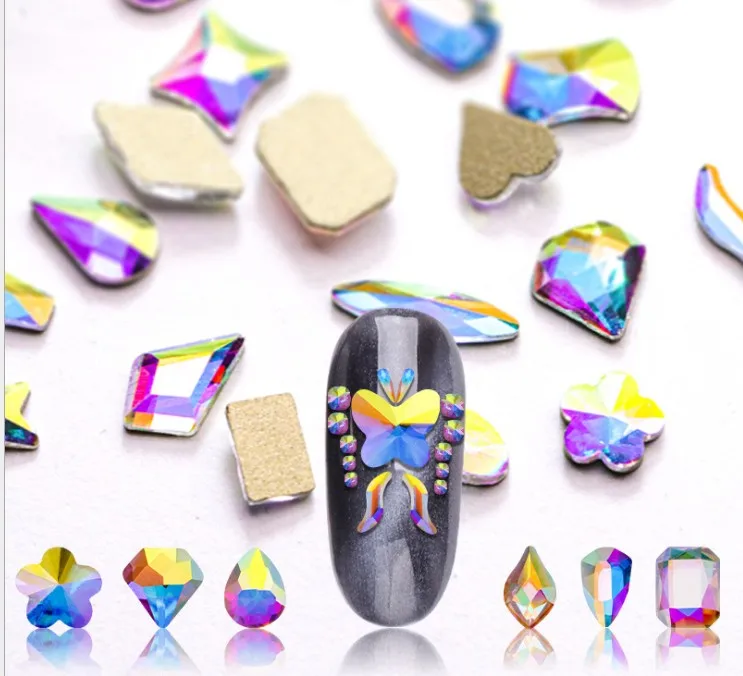 Lucky factory Best quality flat back crystal rhinestone Non hotfix rhinestones ,glue on nail crystal  heart square leaf  for nai