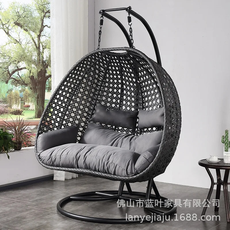 Patio Swing Chair 2 Person Egg Shape Synthetic Rattan Hanging Swing Chair With Steel Stands