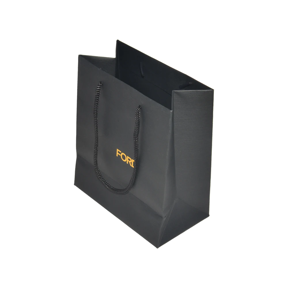 Luxury Gold Foil Logo Custom Branding Jewelry Gift Bag Packaging Kraft Paper Matt Black Shopping Bags with Nylon String Handle