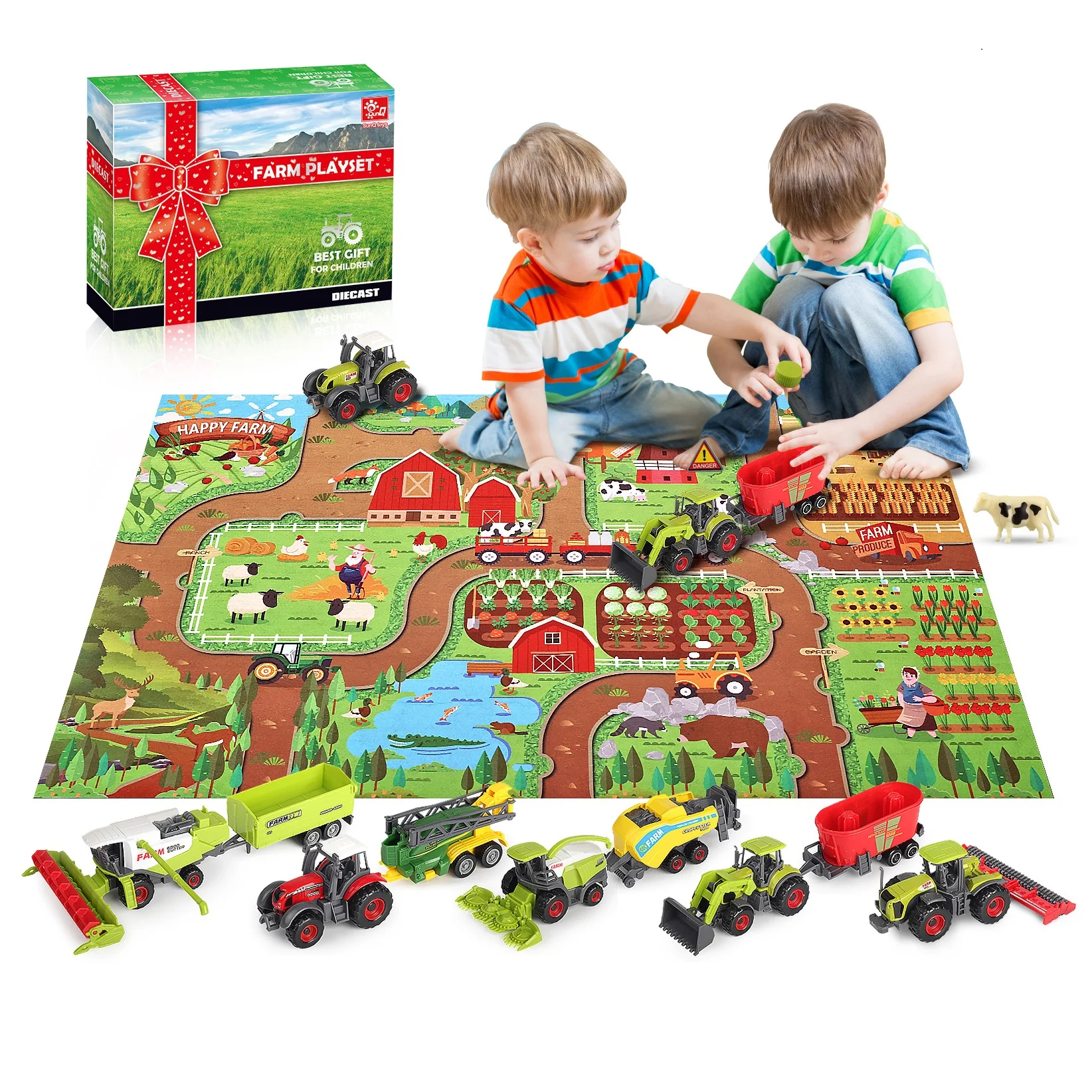 Sunq Factory Price 2023 New Arrive 37Pcs Farm Set Realistic Animal Figures Diecast Car Toy Tractor For Kids With Play Mat