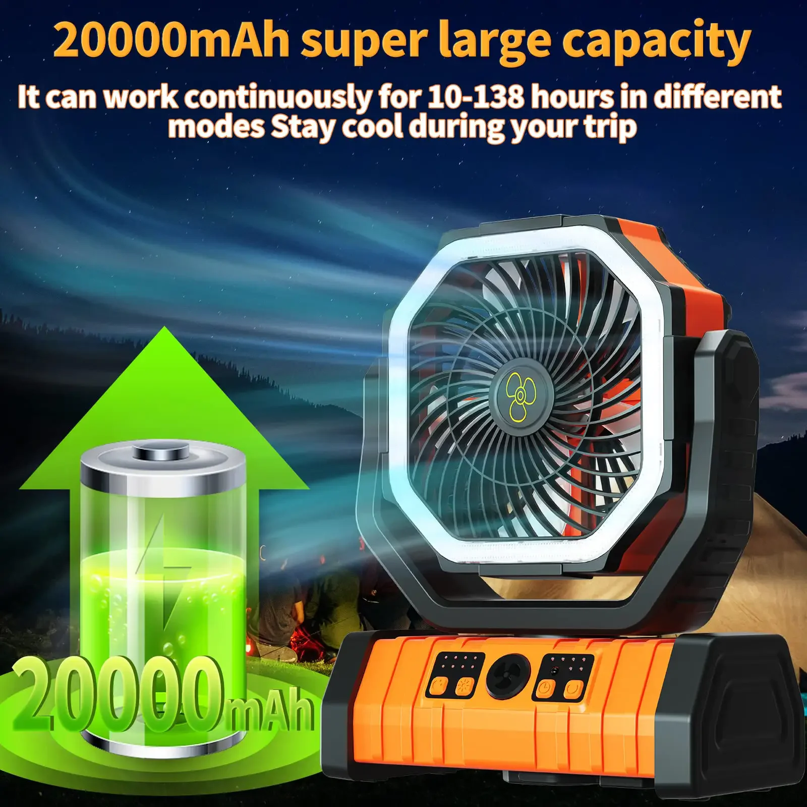 Portable 20000mah Fans Battery Operated Outdoor Usb Rechargeable Desk Fan Camping Fan With Led Lamp