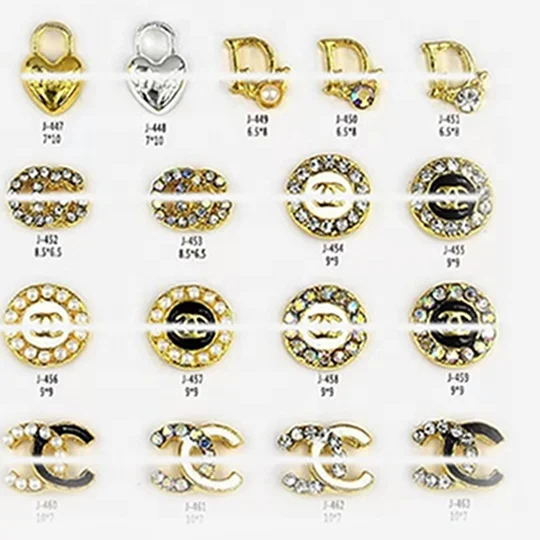 2024 luxury brand LOGO nail charms gold silver full zircon metal pearl nail parts 3D style LOGO nail art