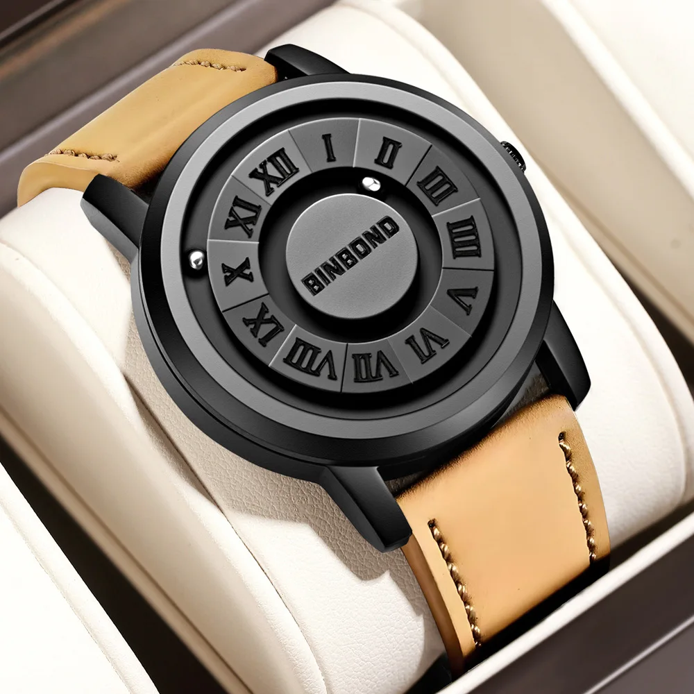 BINBOND B234 New Concept Personalized Creativity Quartz Watches Magnetic Suspension Waterproof Leather Band Wristwatch