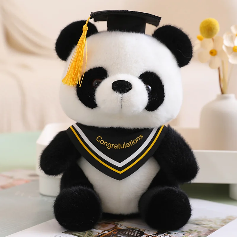 Graduation Stuffed Animal Dr. Panda Plush Toys with Black Hat for Kindergarten School College