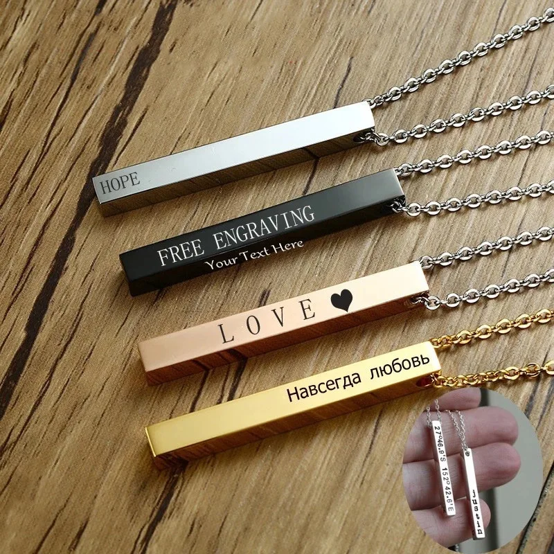 Engraving 3D Bar Name Necklace Personalized Text Message Cool Simple Design Women  or man Pendant  necklace