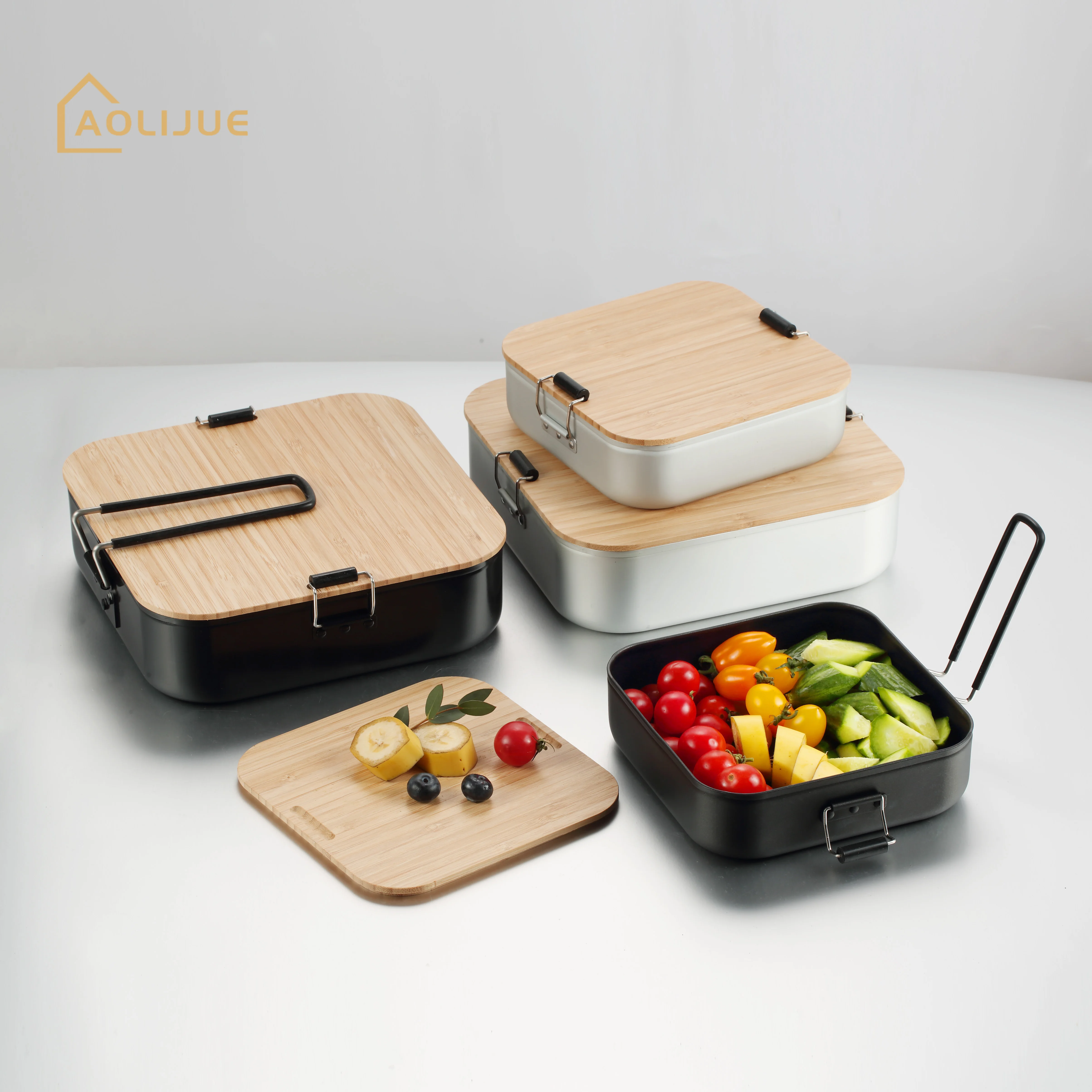 Outdoor camping picnic with handle bamboo lid aluminum lunch box non-stick coating multi-purpose portable lunch box
