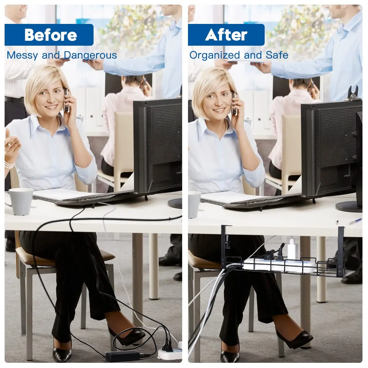 home Office No Drill Table adjustable Wire Under Desk Cable Cord Management Tray Organizer Holder rack for Desk with Clamp