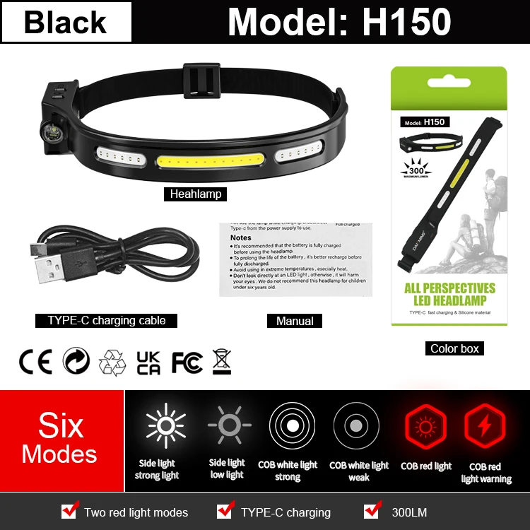DAINING Sensor Headlamp Type-C Charging Head Light Red & White Light 210 Degree wide Light Angle Head Lamp
