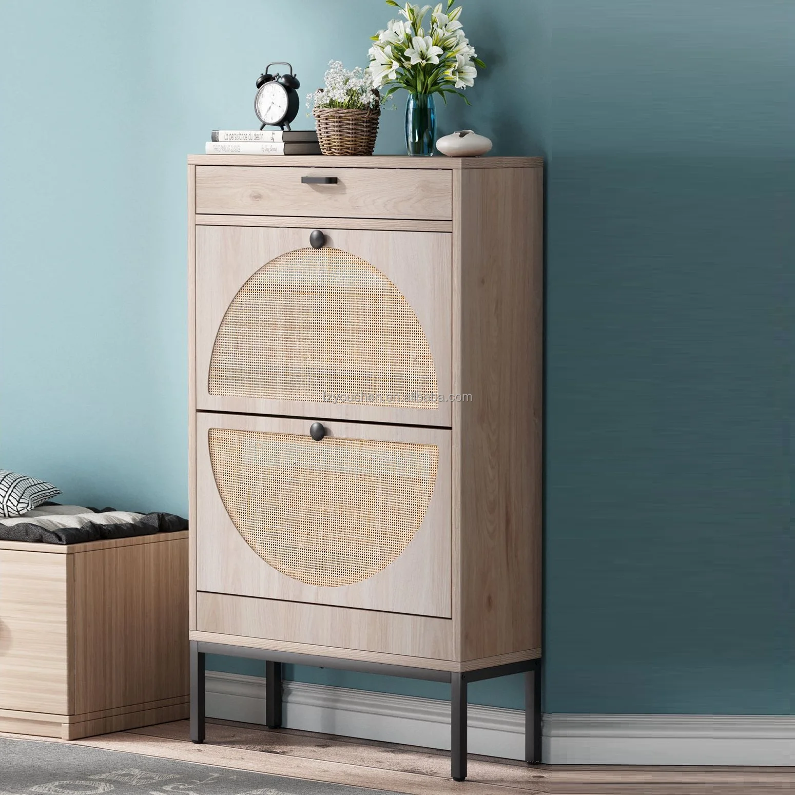 Rattan Rotating Shoe Rack Storage Cabinet for Living Room& Hallway