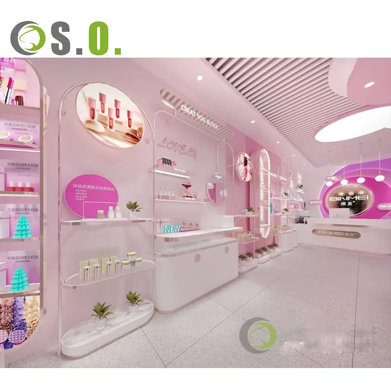 Beauty Retail Shop Store Counter Top Wooden  Makeup Cosmetic Shelf Cabinet Display Rack Stand