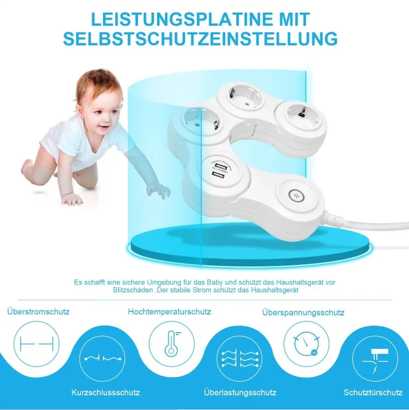 3 Outlets Flexible usb power strip for european