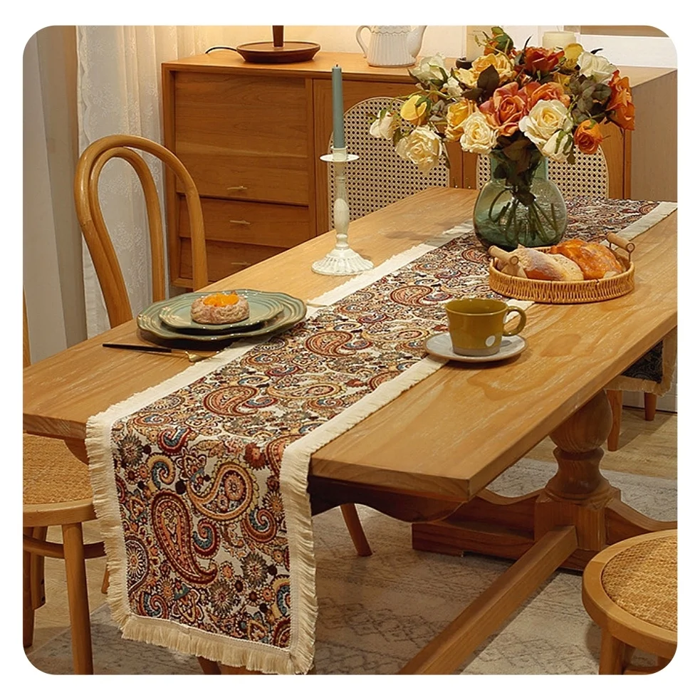 Boho Table Runner Cotton Linen Fabric with Tassel Exquisite Bohemian Design-F Rustic Farmhouse Table Runner