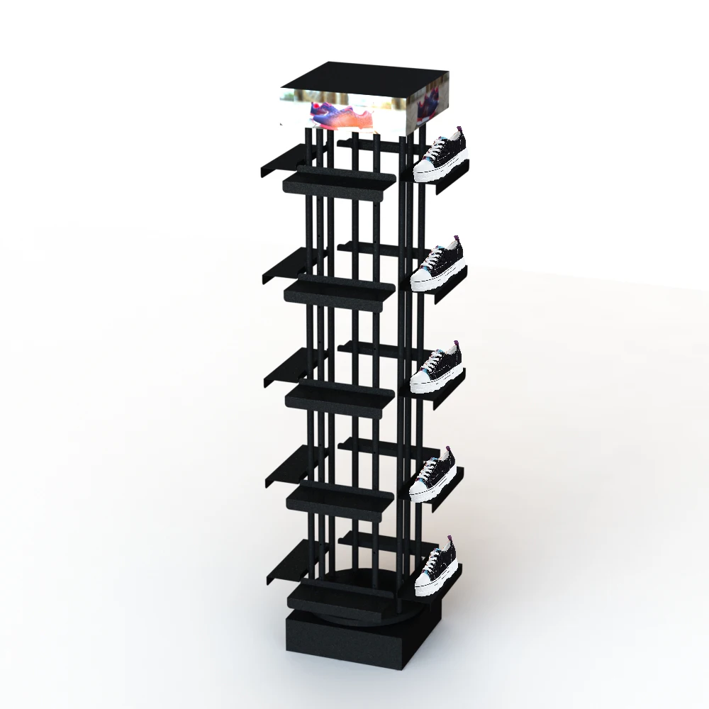 Custom Metal Floor Standing for 20 Shoes with 4 Sides and Shelves 360 Rotating Shoe Rack POP Shelf