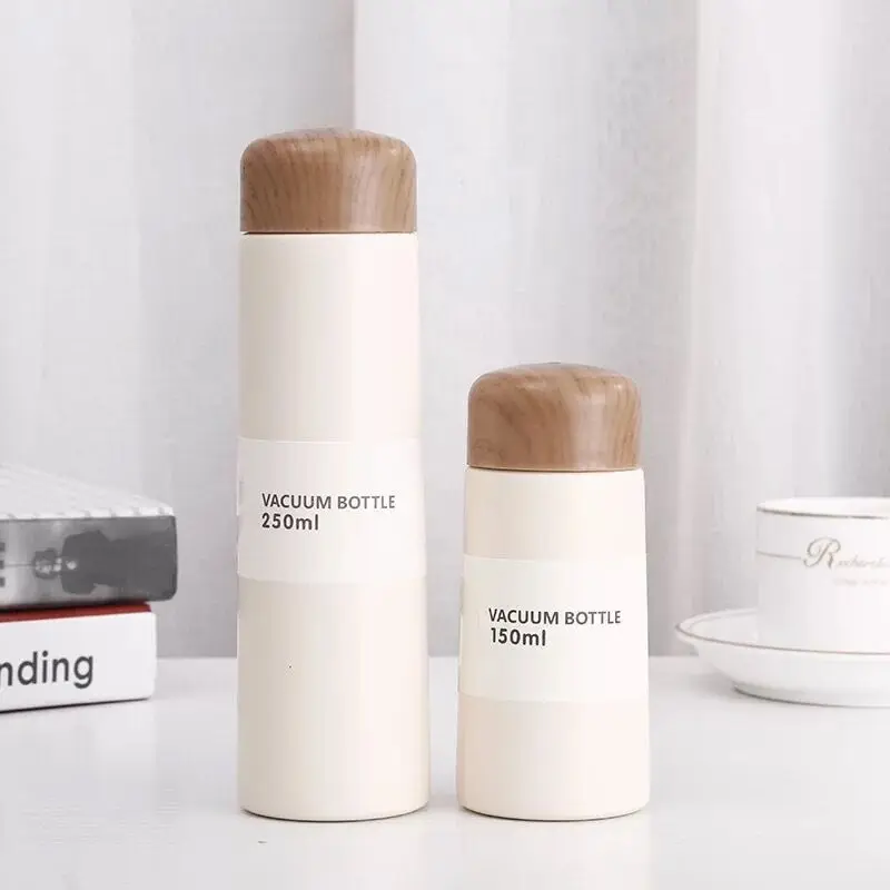 Mini Wooden Lid Car Thermal Coffee Cup Insulated Mugs 304 Vacuum Stainless Steel Drink Bottle with Straw Flasks Cola Bottle