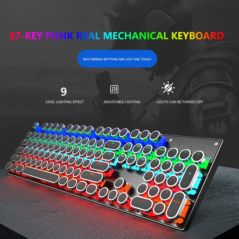 Игровая Проводная клавиатура для офиса в стиле панк, настоящие механические Мультимедийные кнопки с rgb-подсветкой
