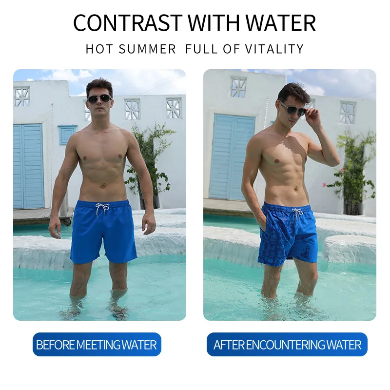 2023 Summer Water-reveal Beach Shorts Custom Fashion Men's Side Slip Pockets Water Reactive Short Color Changing Swim Trunks