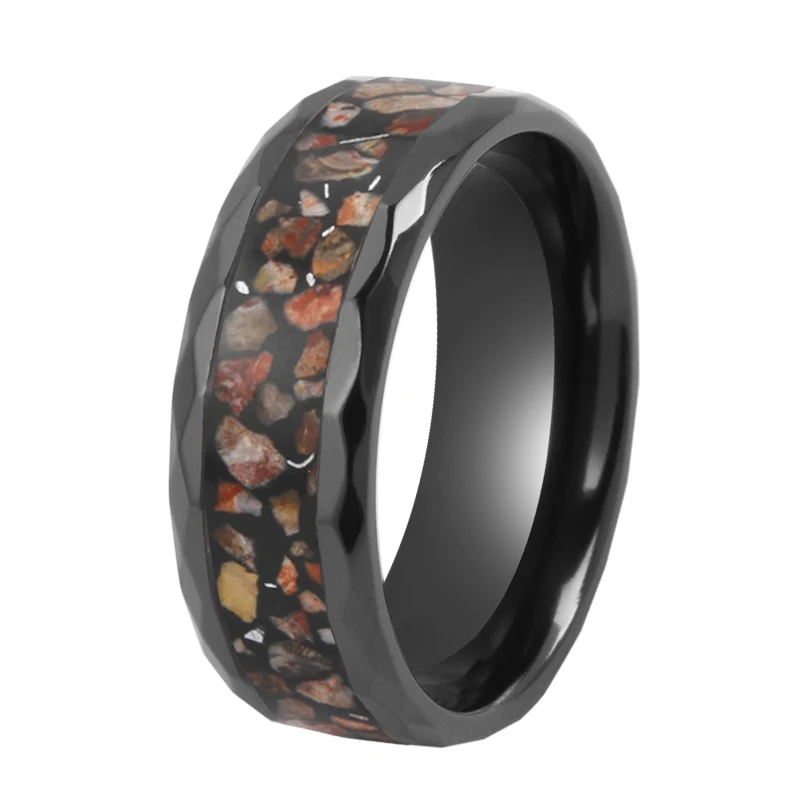 Unique and Stylish black zirconium Tungsten Carbide Ring with Dinosaur Bones Inlay titanium ring for Men