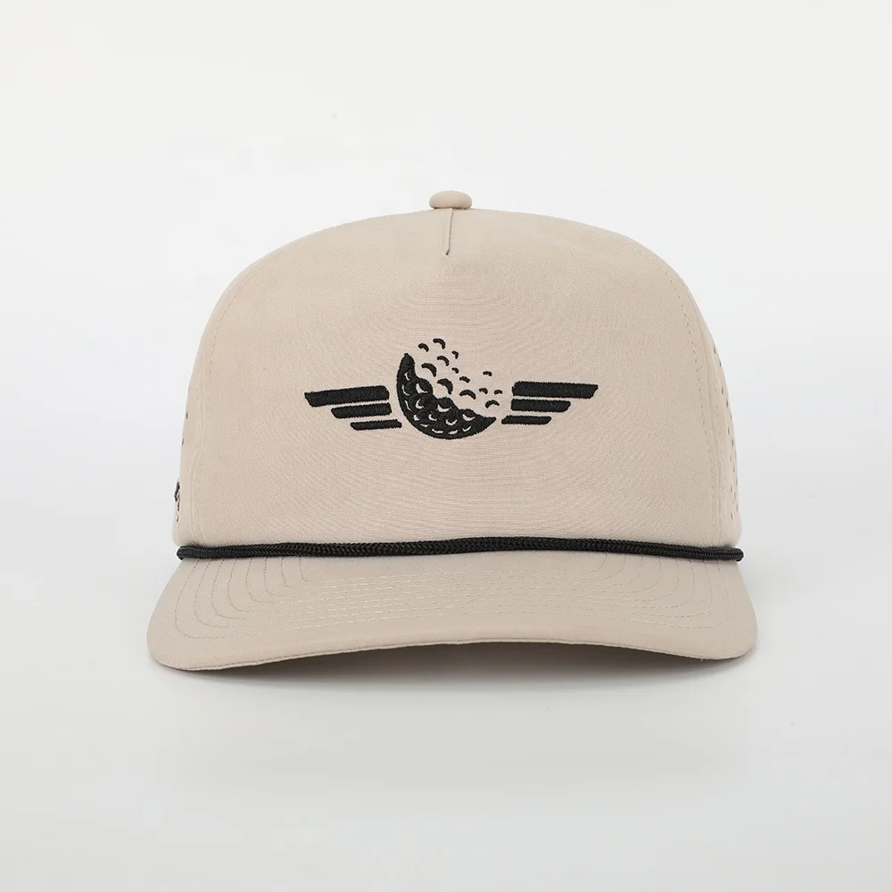 Wholesale Custom Embroidery Logo 5 Panel Dad Hat High Quality Polyester Golf Gorras,Laser Cut Hole Sport Rope Black Baseball Cap