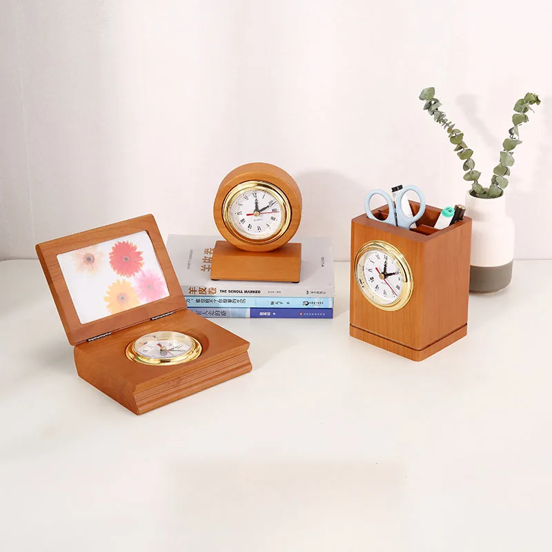 office pen display stand wooden desk organizer pen holder with clock