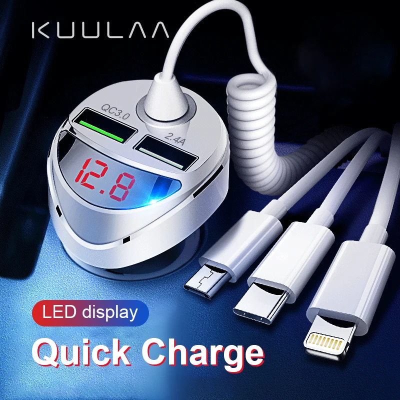 Умный Цифровой дисплей QC 3 0 быстрой зарядки 12V 24V несколько зарядных порта Usb для автомобиля зарядное устройство адаптер 2.4A автомобильное с и кабель в