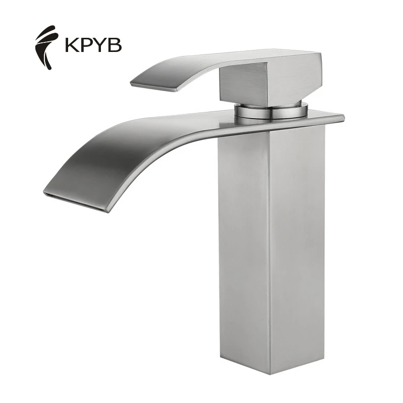 Guangdong Stainless Steel Sus304 Curved Portable Waterfall Bathroom Basin Sink Faucet Hot cold lead-free square basin tap