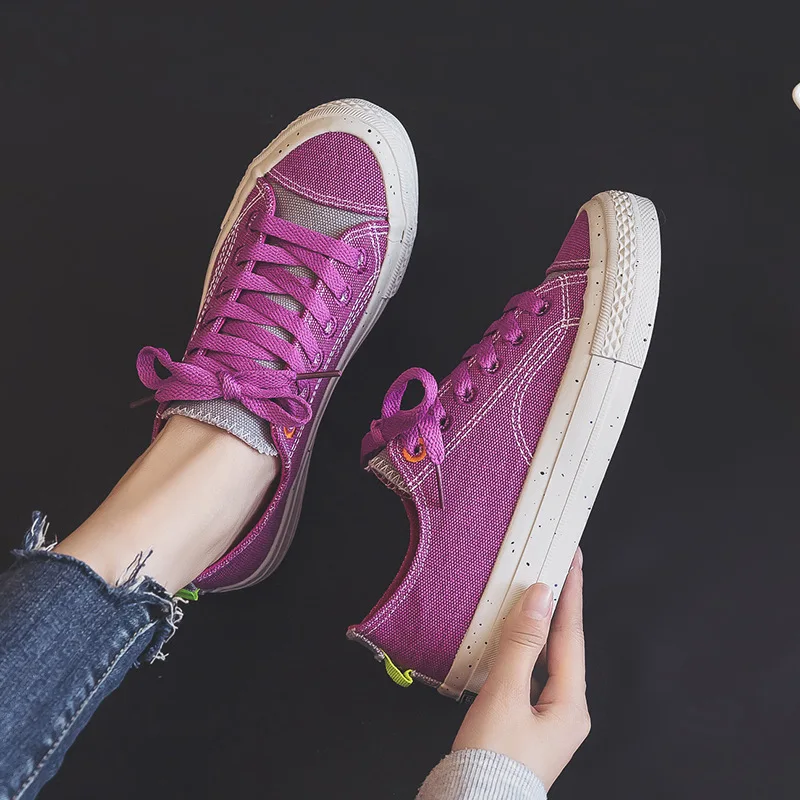 Hot sale on Amazon cheap custom washed canvas style sneakers pure blank yellow purple candy color wholesale flat shoes for women