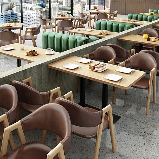 High quality fast food restaurant leather modern solid wooden dinner table with chairs