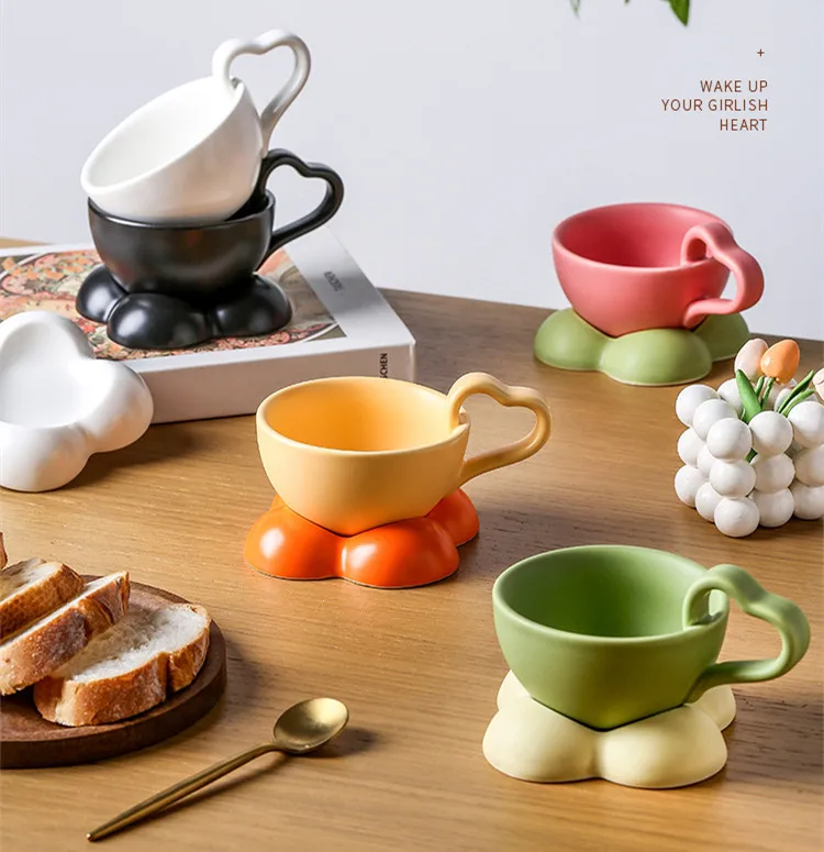 korean cute heart shaped mug ceramic breakfast coffee cup and saucer set
