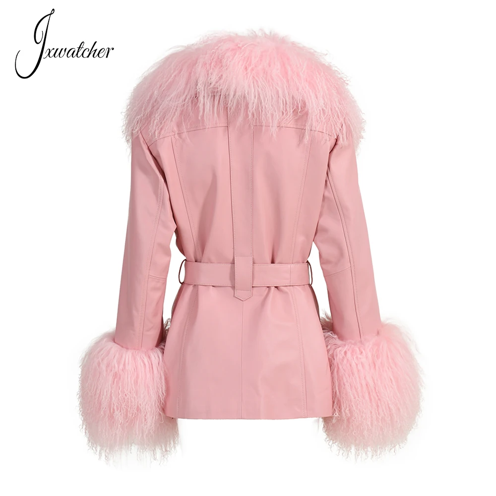 Short Real Sheepskin Leather Coat With Fluffy Mongolian Fur Collar And Cuffs Women Genuine Original Leather Coat