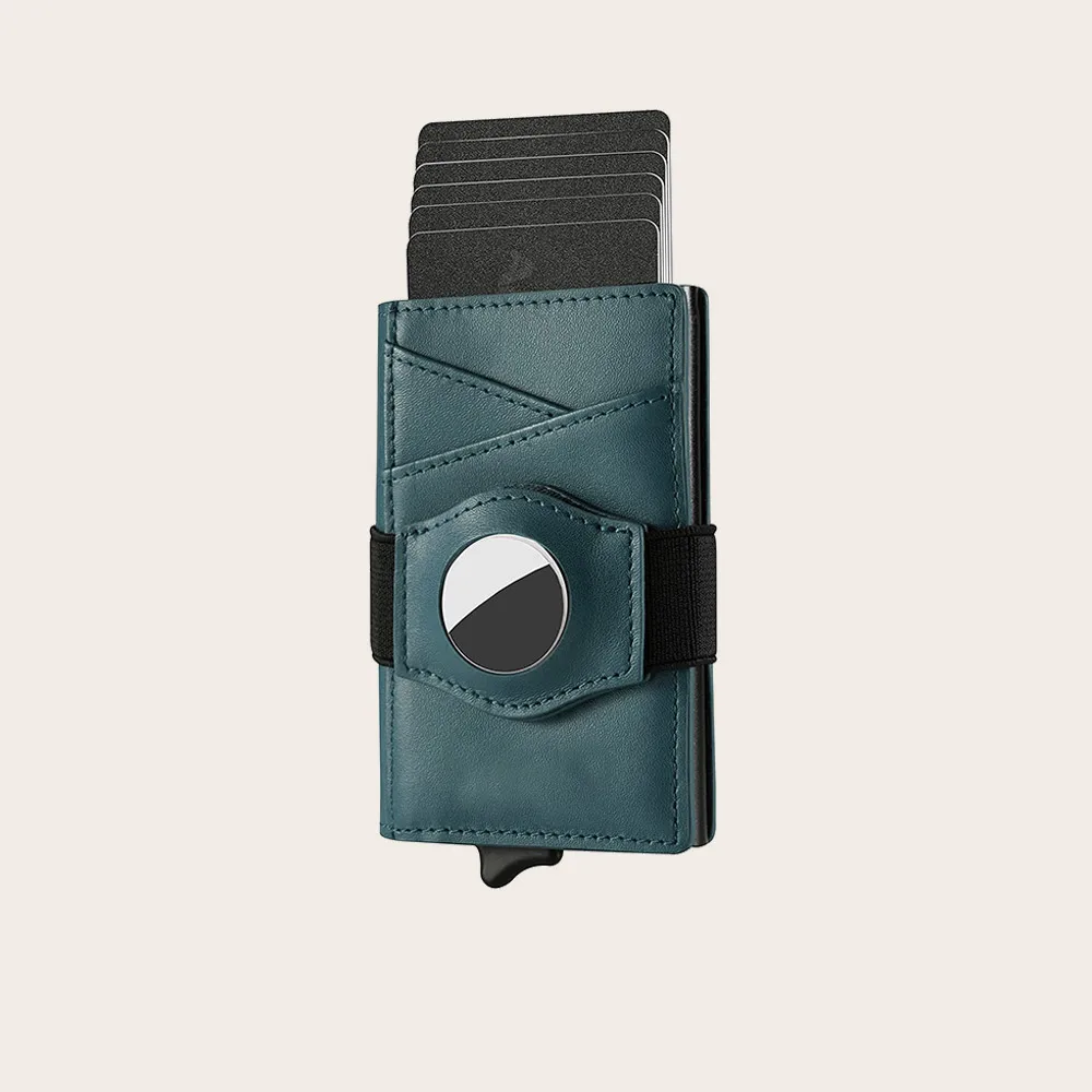Portable Quick Card Access RFID Blocking Leather Automatic ID Card Holder Wallet With Air tag Holder Metal Card Holder