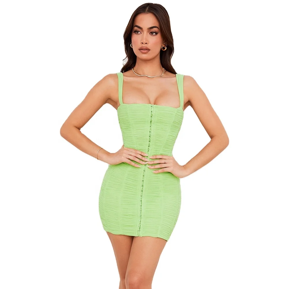Wholesale Custom Lime Ruched Mesh Club Ruffle Summer Party Bodycon Mini Dress