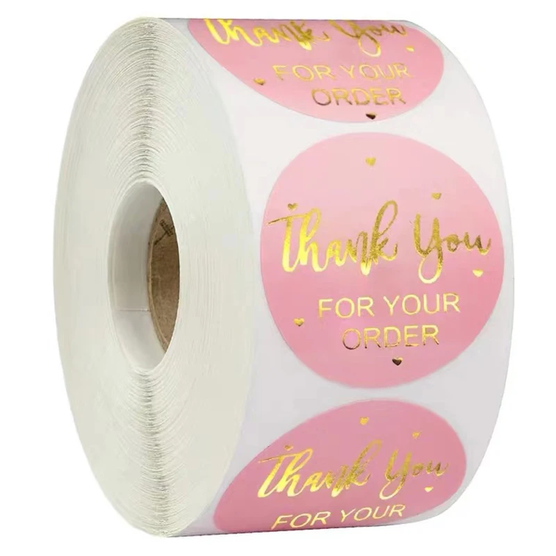 500 pcs / Roll Round Gold Foil Pink Thank You for Your Order Sticker Roll for Shopping Stickers Decor Labels