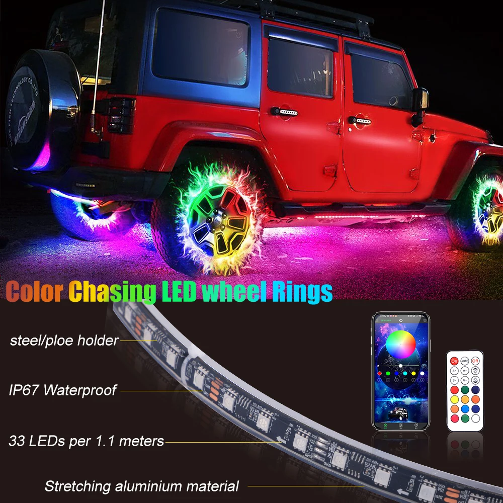 2022 New Single Double Row Ring Light for cars RGB App Remote Control Wheel Light 14 15.5 17 inch Led Underglow