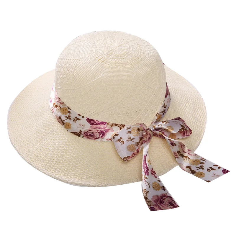wholesale female summer outdoor sun hat raffia straw hat large brim summer straw hat for women with ribbon