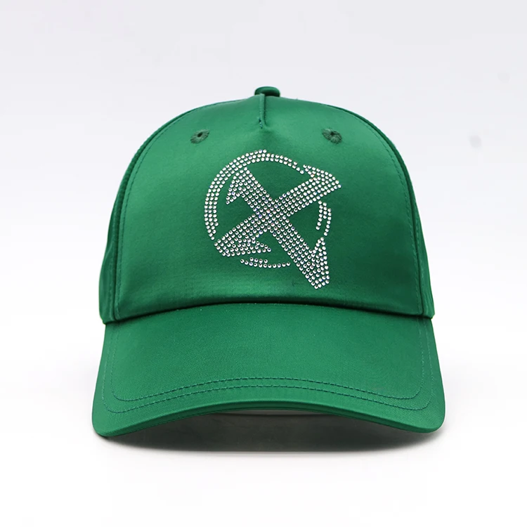 6 panel green satin baseball cap hat with rain stone logo