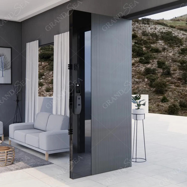 Черная Высококачественная Глянцевая дизайнерская внутренняя Передняя и внешняя современная стеклянная металлическая Поворотная дверь из нержавеющей стали