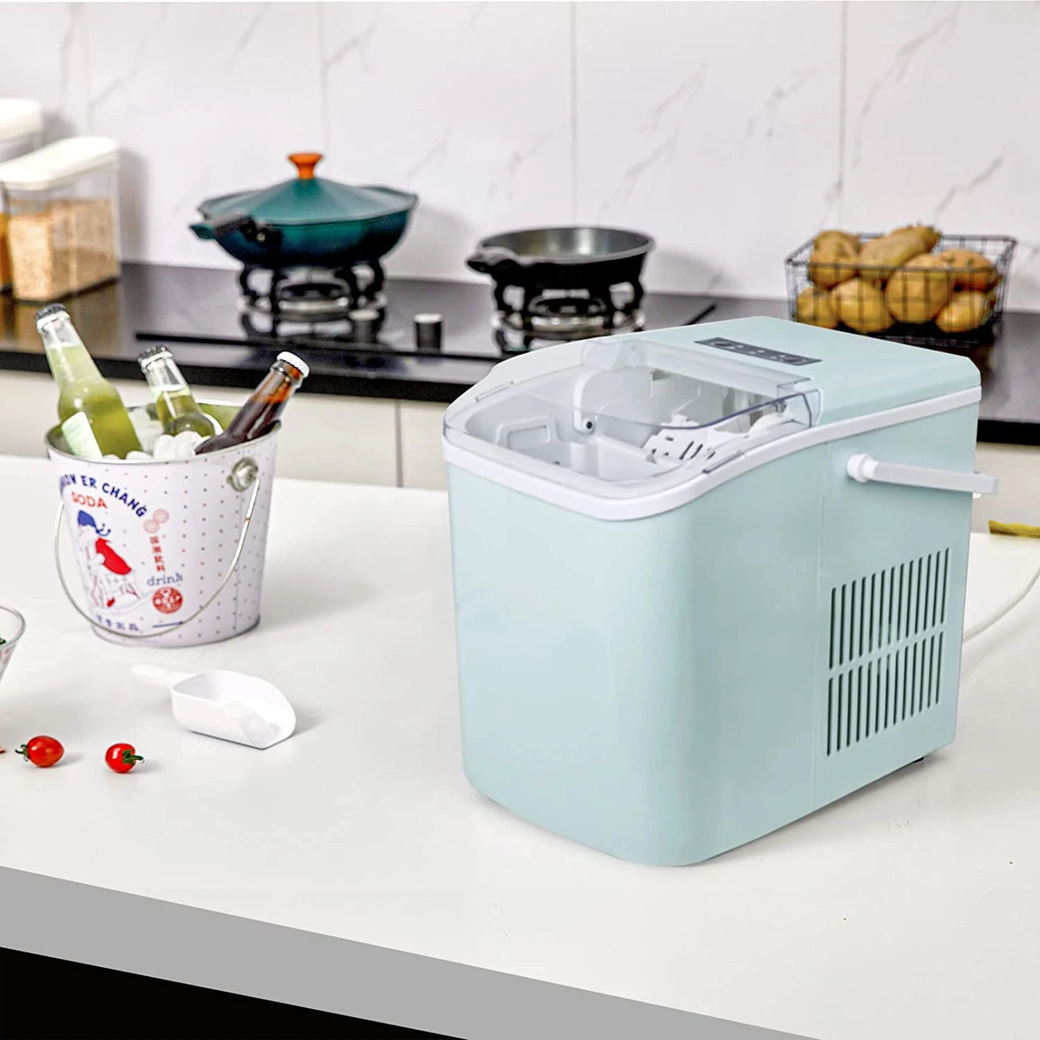 220V Ice Maker Machine Countertop with Handle, 26lbs/24H, 9 Bulle Auto-Cleaning, Home/Kitchen/Camping Portable Ice Maker