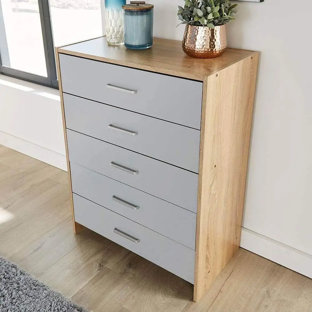 Custom MDF dresser bedroom furniture wood storage cabinet 5 drawers, chest of drawers