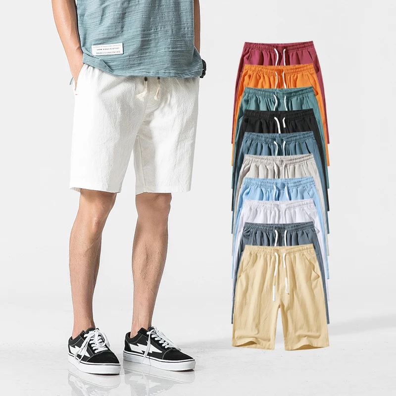 Colorful Summer Short Pants for Men with Linen Fabric Plain Hemp Bermudas with Custom Logo Casual Thin Shorts