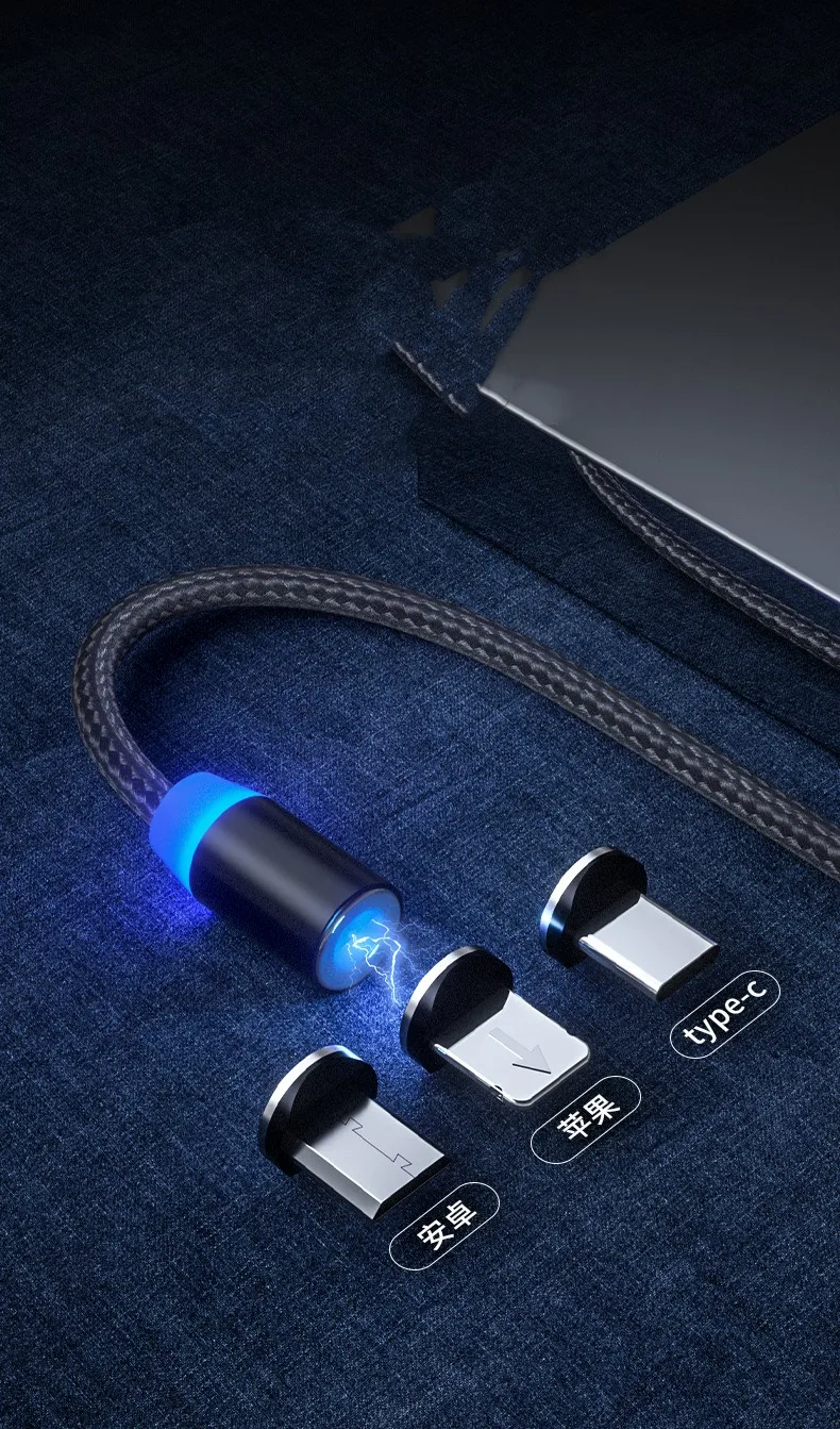 Black Magnetic  Type-c Micro L Connector Usb 3 In 1 Charging Cable