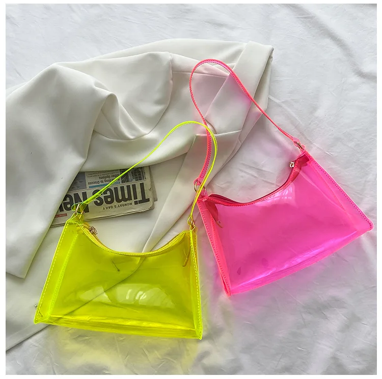 Custom Women Fashion Translucent Plastic Handbag Waterproof Transparent Tote Beach Bags Neon Pvc Shopping Bag