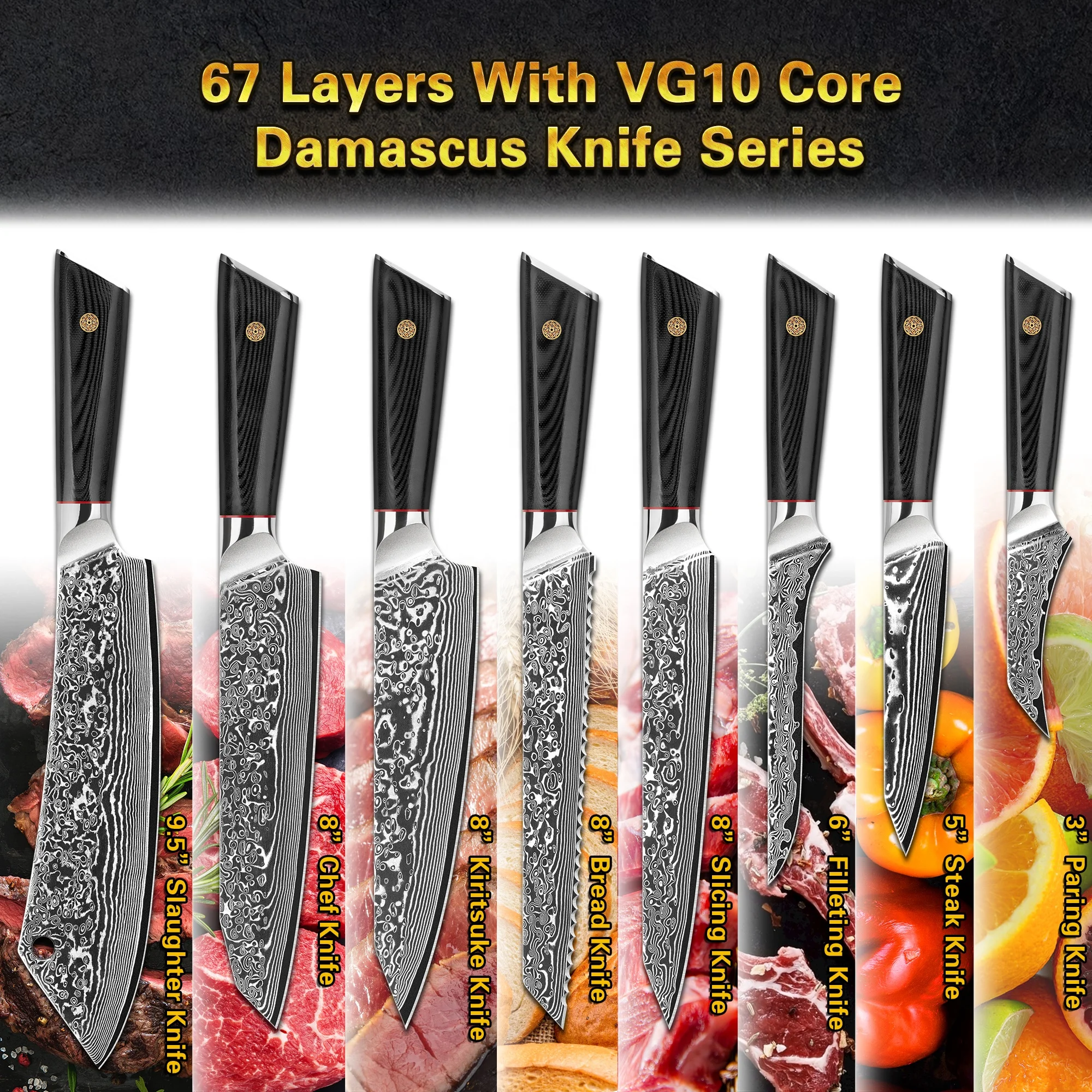 Black G10 Mosaic Rivet 8 Inch 67 Layers Damascus Steel Bread Slicer Japanese v Gold Serrated Blade Bread Knife with vg10 core