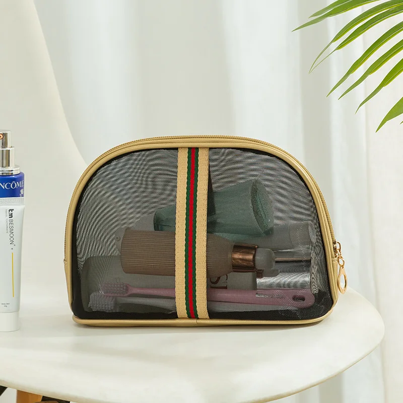 2022 Fashion Customize Mesh Women Makeup Bag Portable Transparent Travel Toiletry Bag With Gold Zipper